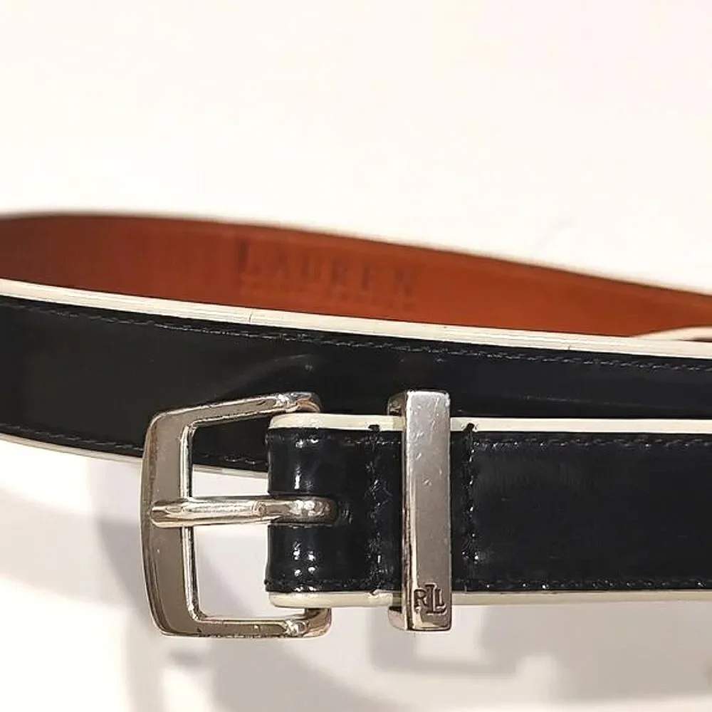 Lauren Ralph Lauren Leather Belt in Black and White Solid Brass Buckle Size L